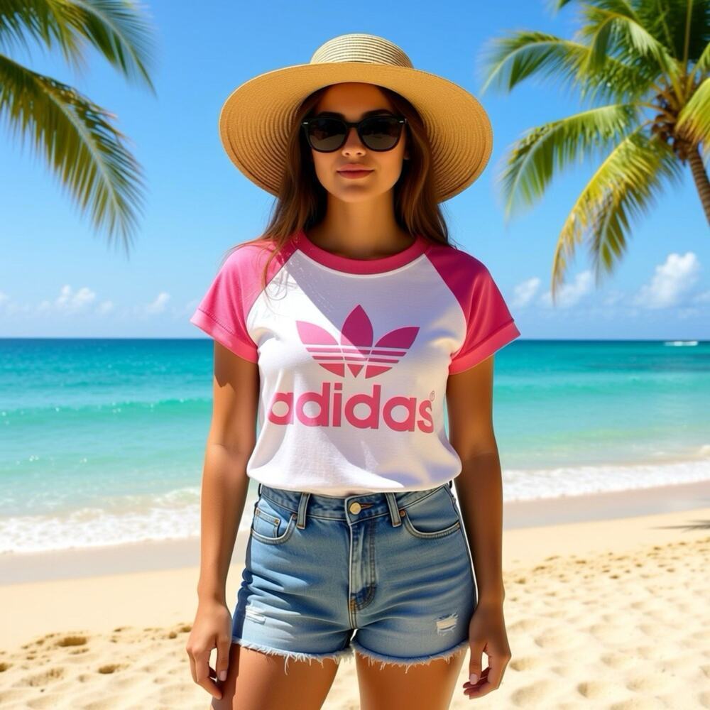 Y2K Adidas Tee Women Junior XS TShirt White Pink Fitted Beach Summer Active Wear
